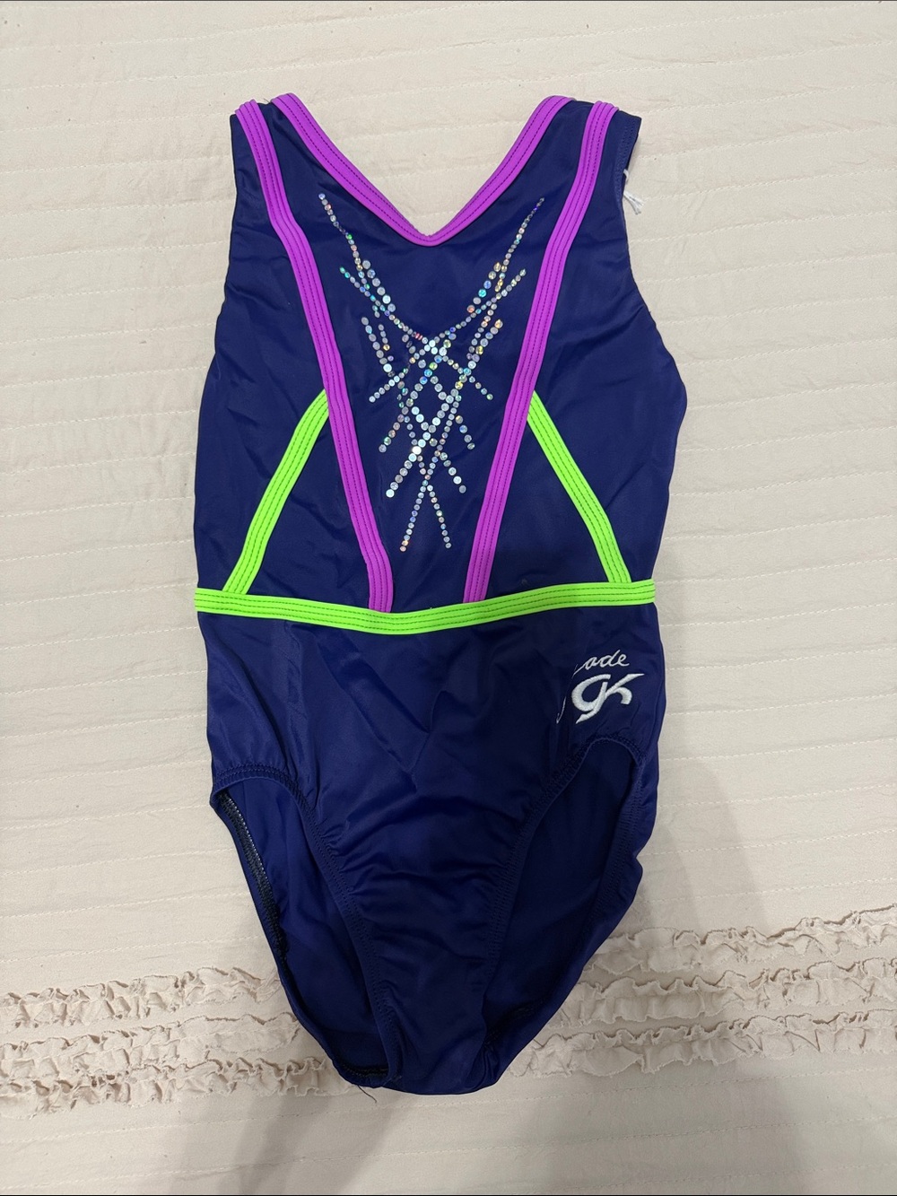 GK Navy One-Piece Leotard with Pink and Neon Green Trim